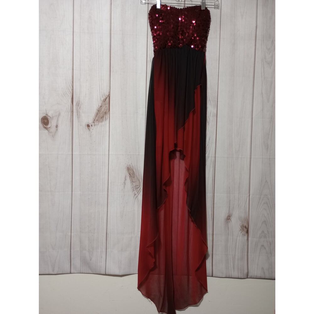 Sequin Hearts‎ Burgundy Red Ombre High Low Sequin Strapless Dress 3 6481OS7N